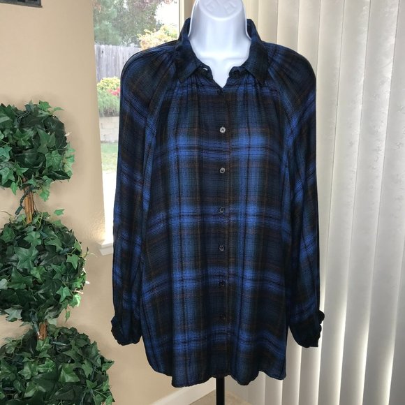 Angie Tops - Angie Blue L/S Plaid Shirt | Women's Size Medium